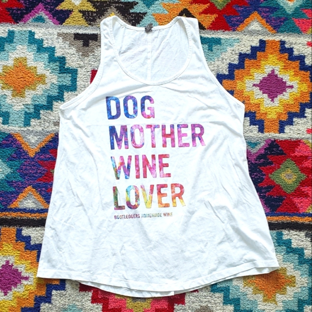 White Racer Back Style Tank w/ Watercolor Print Graphic "Dog Mother Wine Lover"